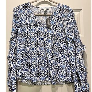 NWT White House Black Market Women's Blue Ruffle Sleeve Top Size: M